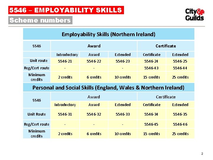 5546 – EMPLOYABILITY SKILLS Scheme numbers Employability Skills (Northern Ireland) Award 5546 Introductory Certificate