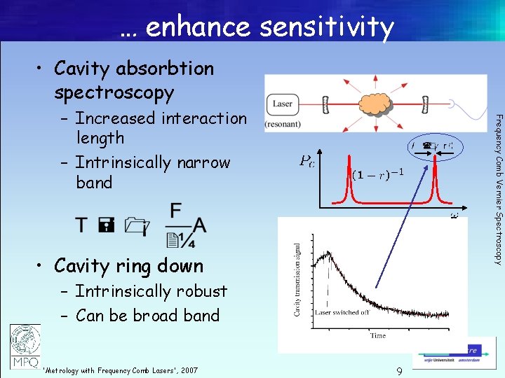 … enhance sensitivity • Cavity absorbtion spectroscopy Frequency Comb Vernier Spectroscopy – Increased interaction