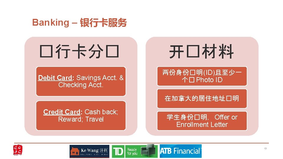 Banking – 银行卡服务 �行卡分� Debit Card: Savings Acct. & Checking Acct. 开�材料 两份身份�明 (ID)且至少一