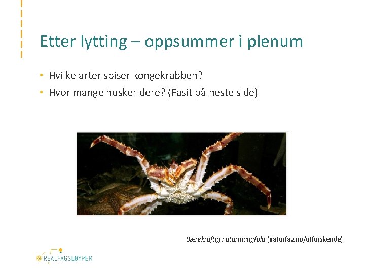 Etter lytting – oppsummer i plenum • Hvilke arter spiser kongekrabben? • Hvor mange