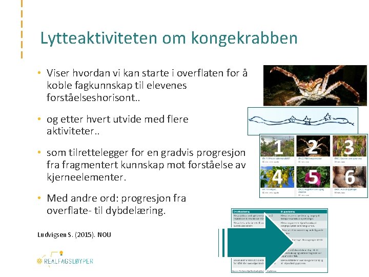 Lytteaktiviteten om kongekrabben • Viser hvordan vi kan starte i overflaten for å koble