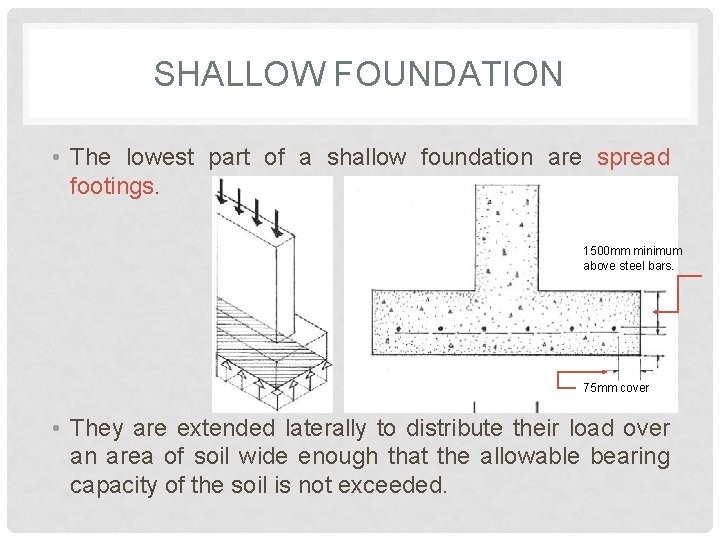 SHALLOW FOUNDATION • The lowest part of a shallow foundation are spread footings. 1500 SHALLOW FOUNDATION • The lowest part of a shallow foundation are spread footings. 1500