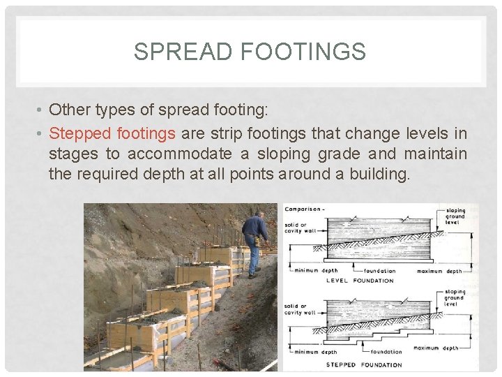 SPREAD FOOTINGS • Other types of spread footing: • Stepped footings are strip footings SPREAD FOOTINGS • Other types of spread footing: • Stepped footings are strip footings