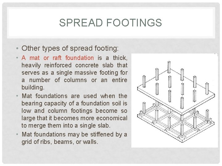 SPREAD FOOTINGS • Other types of spread footing: • A mat or raft foundation SPREAD FOOTINGS • Other types of spread footing: • A mat or raft foundation