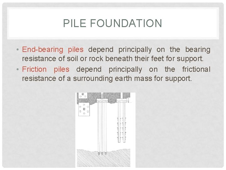 PILE FOUNDATION • End-bearing piles depend principally on the bearing resistance of soil or PILE FOUNDATION • End-bearing piles depend principally on the bearing resistance of soil or