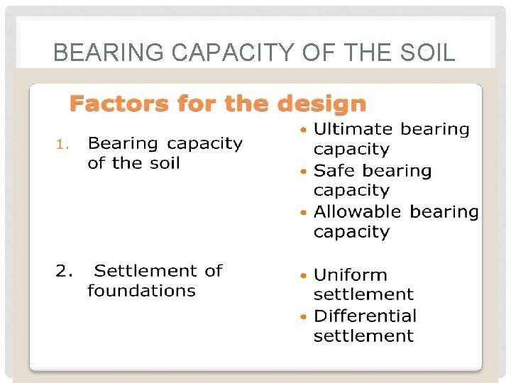 BEARING CAPACITY OF THE SOIL BEARING CAPACITY OF THE SOIL