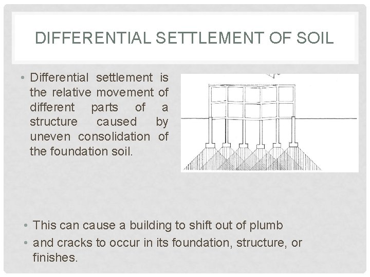 DIFFERENTIAL SETTLEMENT OF SOIL • Differential settlement is the relative movement of different parts DIFFERENTIAL SETTLEMENT OF SOIL • Differential settlement is the relative movement of different parts