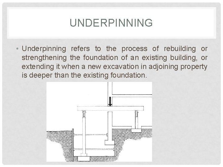 UNDERPINNING • Underpinning refers to the process of rebuilding or strengthening the foundation of UNDERPINNING • Underpinning refers to the process of rebuilding or strengthening the foundation of