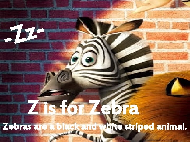 z -Z Z is for Zebras are a black and white striped animal. 