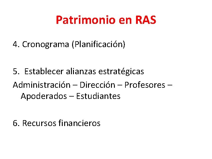 Patrimonio en RAS 4. Cronograma (Planificación) 5. Establecer alianzas estratégicas Administración – Dirección –