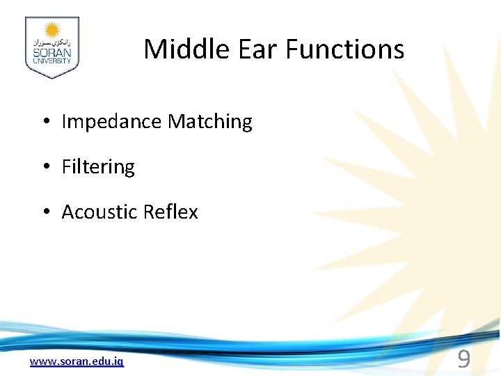 Middle Ear Functions • Impedance Matching • Filtering • Acoustic Reflex www. soran. edu.