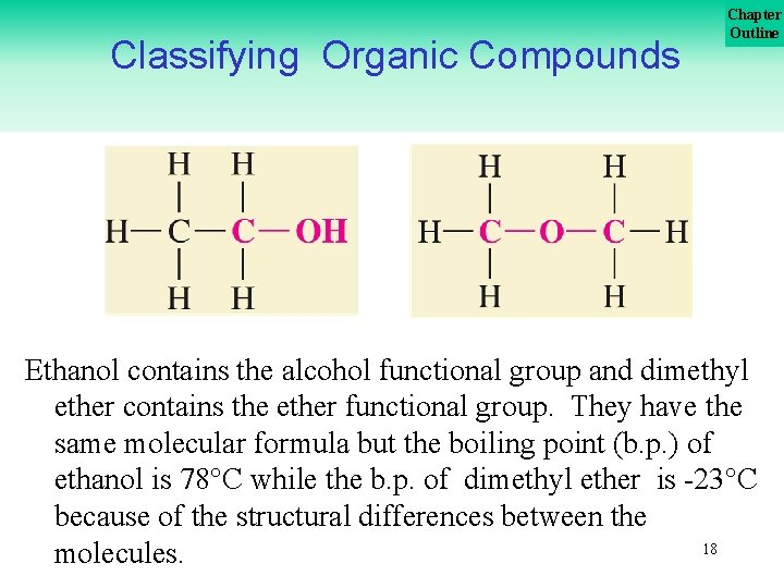 Classifying Organic Compounds Chapter Outline Ethanol contains the alcohol functional group and dimethyl ether