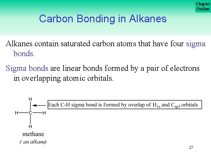 Chapter Outline Carbon Bonding in Alkanes contain saturated carbon atoms that have four sigma