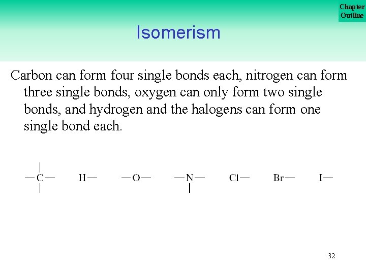 Chapter Outline Isomerism Carbon can form four single bonds each, nitrogen can form three