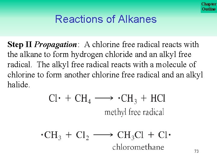 Chapter Outline Reactions of Alkanes Step II Propagation: A chlorine free radical reacts with