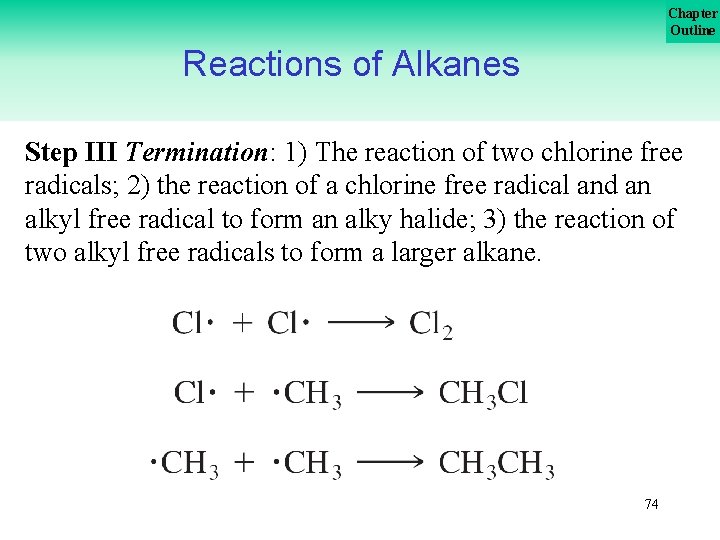 Chapter Outline Reactions of Alkanes Step III Termination: 1) The reaction of two chlorine