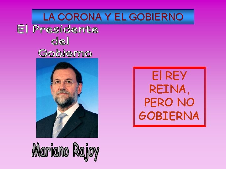 LA CORONA Y EL GOBIERNO El REY REINA, PERO NO GOBIERNA 