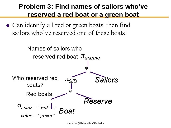 Problem 3: Find names of sailors who’ve reserved a red boat or a green