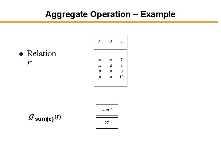 Aggregate Operation – Example l Relation r: g sum(c) (r) A B C 7