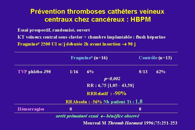Prévention thromboses cathéters veineux centraux chez cancéreux : HBPM Essai prospectif, randomisé, ouvert KT