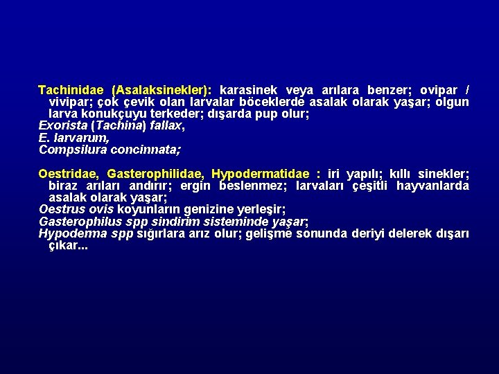 Tachinidae (Asalaksinekler): karasinek veya arılara benzer; ovipar / vivipar; çok çevik olan larvalar böceklerde