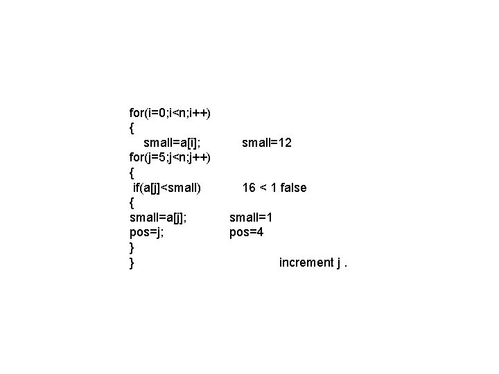 for(i=0; i<n; i++) { small=a[i]; for(j=5; j<n; j++) { if(a[j]<small) { small=a[j]; pos=j; }