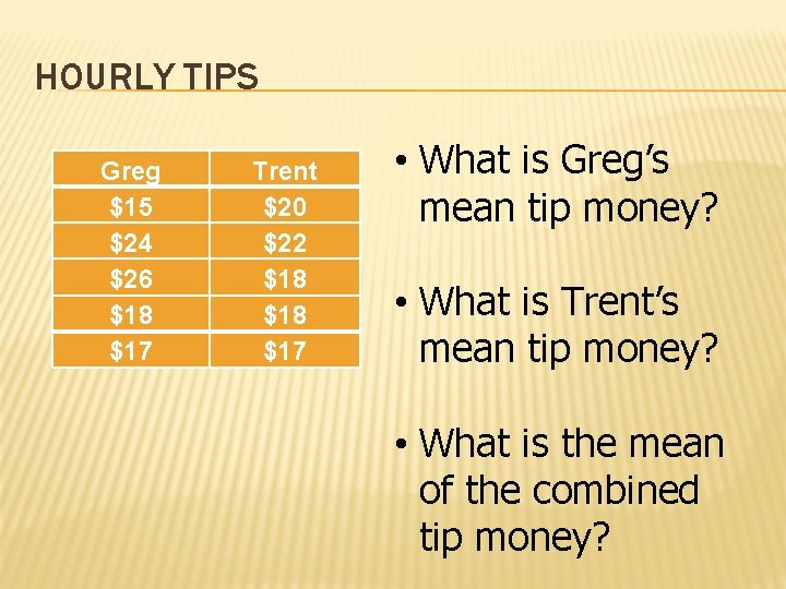 HOURLY TIPS Greg $15 $24 $26 $18 $17 Trent $20 $22 $18 $17 •