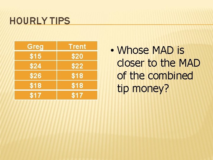 HOURLY TIPS Greg $15 $24 $26 $18 $17 Trent $20 $22 $18 $17 •