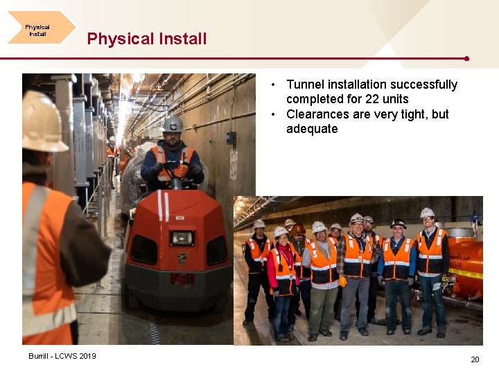 Physical Install • Tunnel installation successfully completed for 22 units • Clearances are very