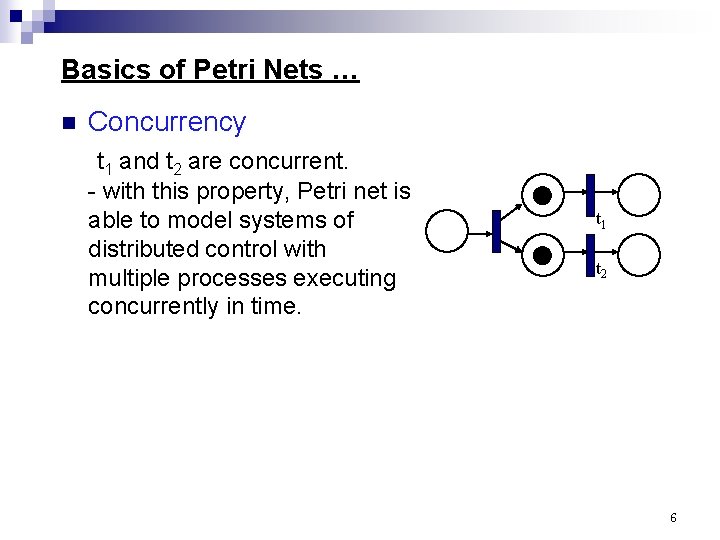 Basics of Petri Nets … n Concurrency t 1 and t 2 are concurrent.