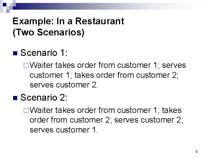 Example: In a Restaurant (Two Scenarios) n Scenario 1: ¨ Waiter takes order from