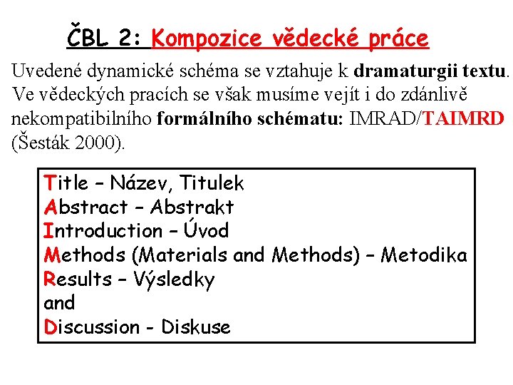 ČBL 2: Kompozice vědecké práce Uvedené dynamické schéma se vztahuje k dramaturgii textu. Ve