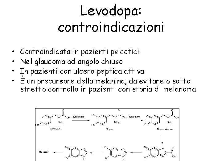 Levodopa: controindicazioni • • Controindicata in pazienti psicotici Nel glaucoma ad angolo chiuso In