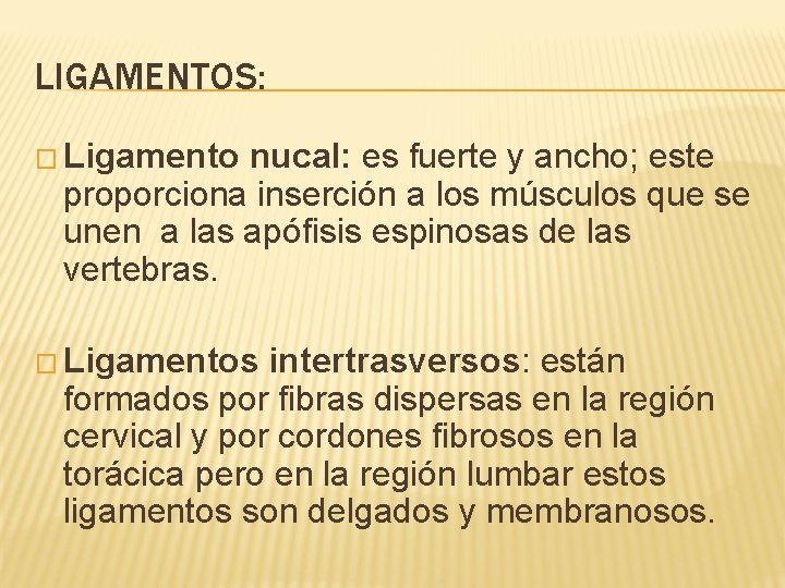 LIGAMENTOS: � Ligamento nucal: es fuerte y ancho; este proporciona inserción a los músculos