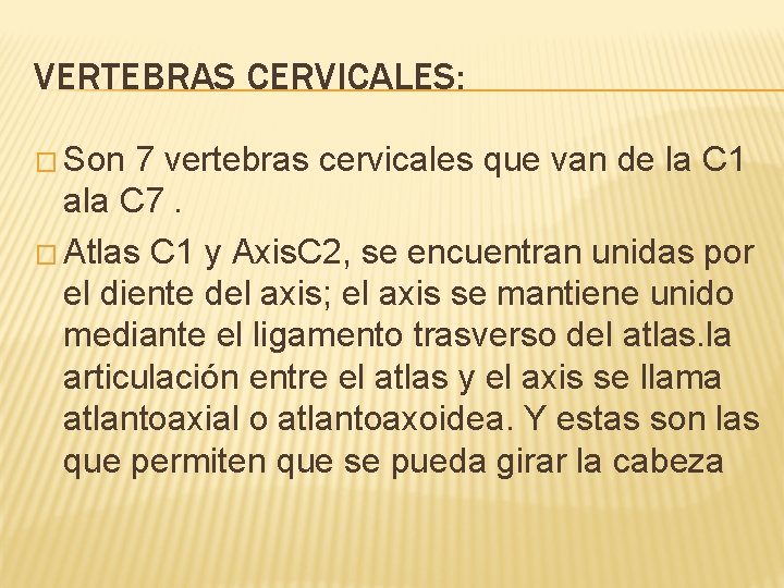 VERTEBRAS CERVICALES: � Son 7 vertebras cervicales que van de la C 1 ala