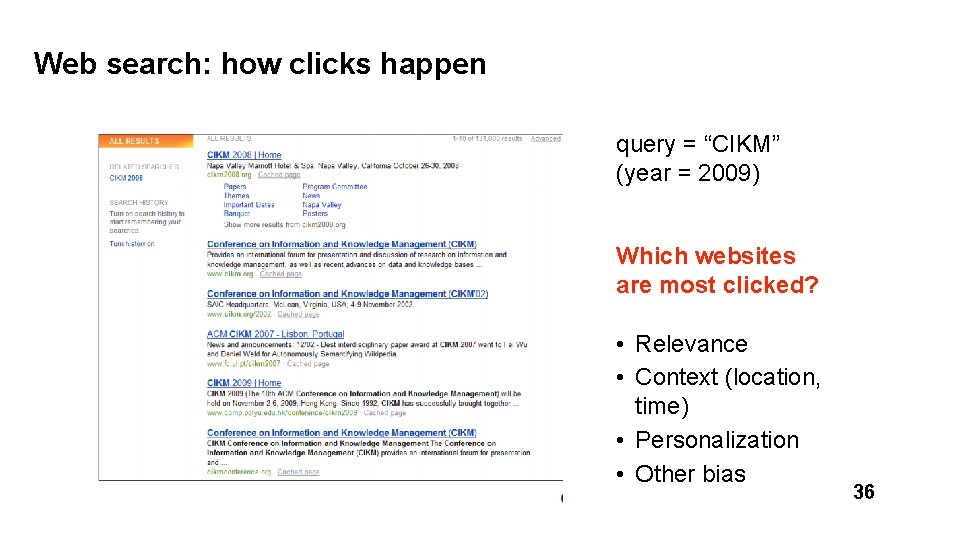 Web search: how clicks happen query = “CIKM” (year = 2009) Which websites are