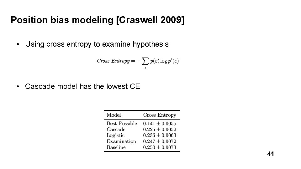 Position bias modeling [Craswell 2009] • Using cross entropy to examine hypothesis • Cascade