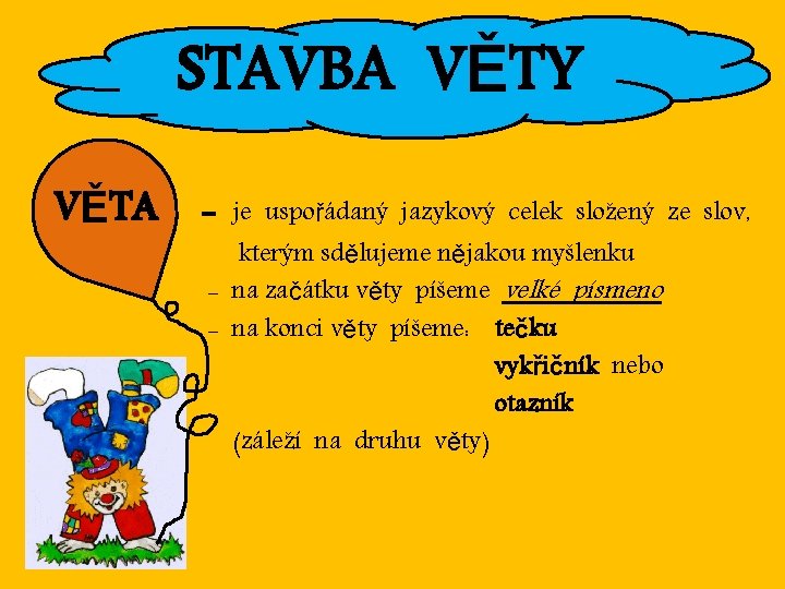 STAVBA VĚTY VĚTA - je uspořádaný jazykový celek složený ze slov, kterým sdělujeme nějakou