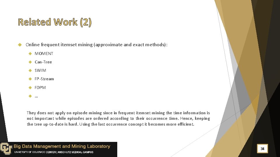  Online frequent itemset mining (approximate and exact methods): MOMENT Can-Tree SWIM FP-Stream FDPM