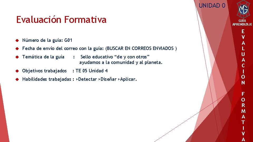 UNIDAD 0 Evaluación Formativa Número de la guía: G 01 Fecha de envío del