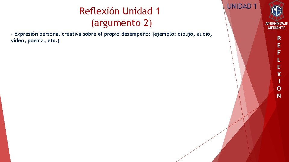 Reflexión Unidad 1 (argumento 2) · Expresión personal creativa sobre el propio desempeño: (ejemplo: