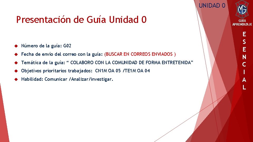 UNIDAD 0 Presentación de Guía Unidad 0 Número de la guía: G 02 Fecha