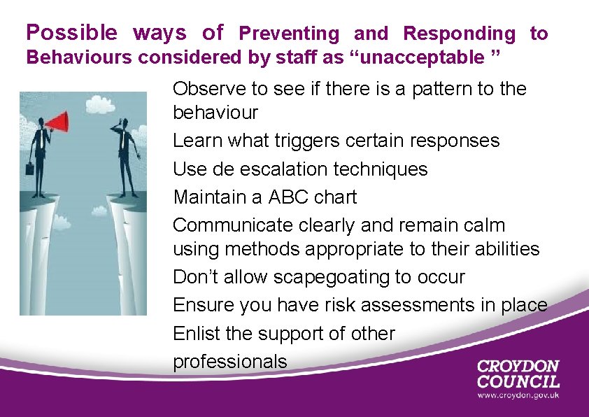 Possible ways of Preventing and Responding to Behaviours considered by staff as “unacceptable ”