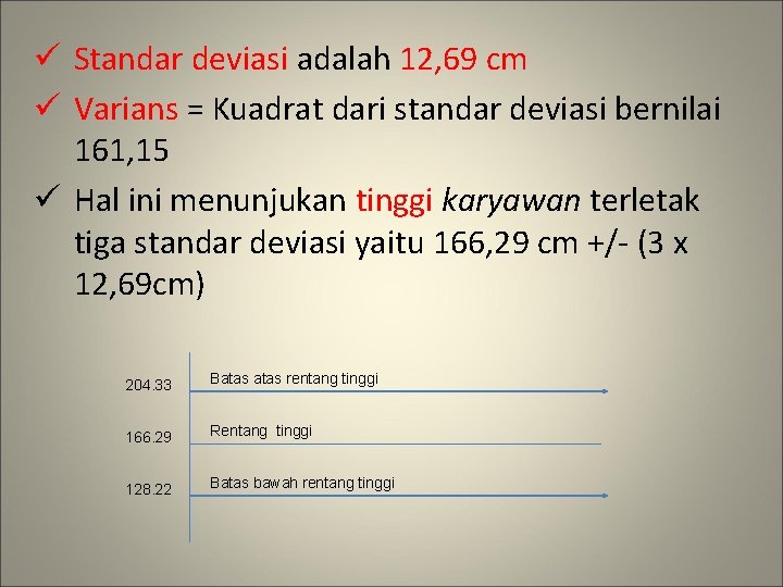 ü Standar deviasi adalah 12, 69 cm ü Varians = Kuadrat dari standar deviasi