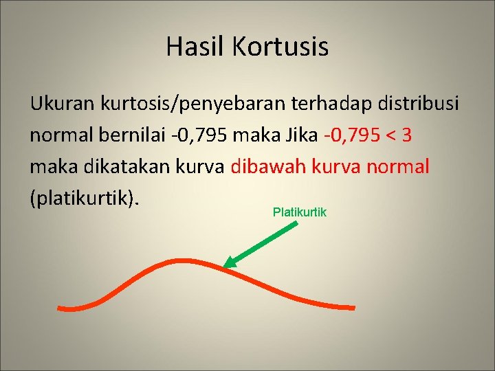 Hasil Kortusis Ukuran kurtosis/penyebaran terhadap distribusi normal bernilai -0, 795 maka Jika -0, 795