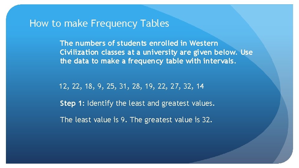 How to make Frequency Tables The numbers of students enrolled in Western Civilization classes