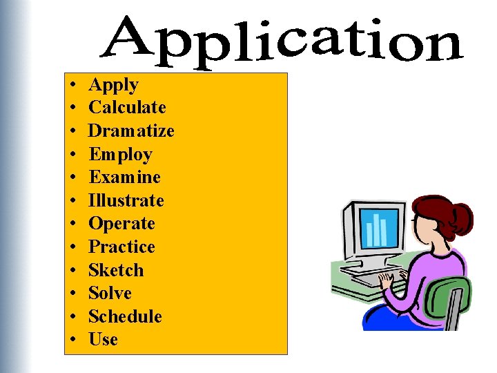  • • • Apply Calculate Dramatize Employ Examine Illustrate Operate Practice Sketch Solve