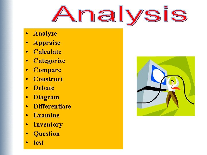  • • • • Analyze Appraise Calculate Categorize Compare Construct Debate Diagram Differentiate