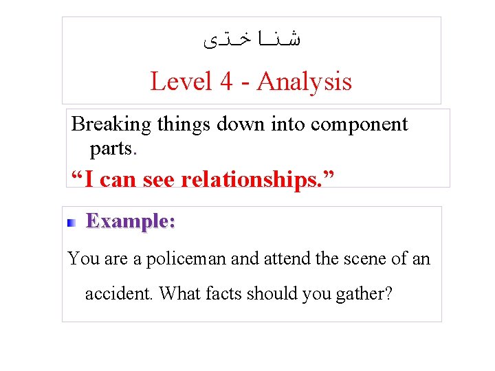  ﺷﻨﺎﺧﺘی Level 4 - Analysis Breaking things down into component parts. “I can