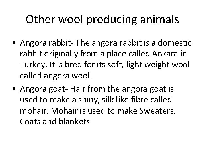 Other wool producing animals • Angora rabbit- The angora rabbit is a domestic rabbit